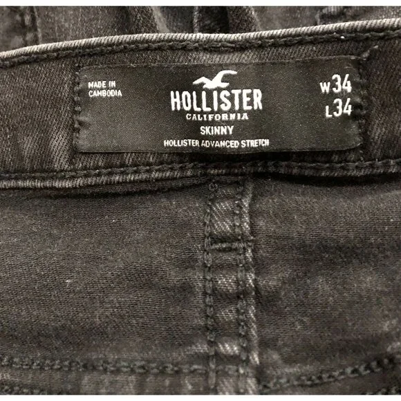 Hollister Mens 34X34 Black Skinny Fit Distressed Stretch Jeans